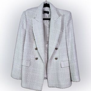 Zara cream colored woven double breasted lined blazer